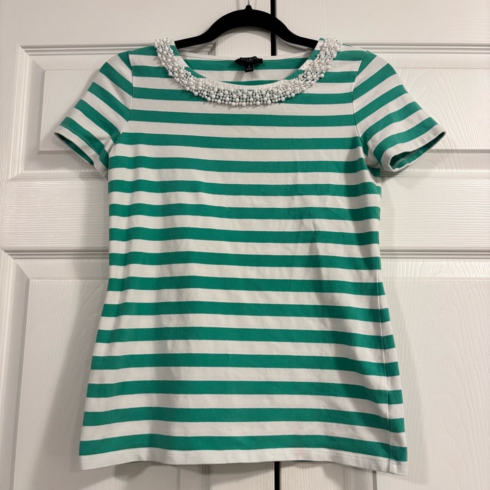 Talbots White & Green Striped Tee with Beaded Necklace Trim